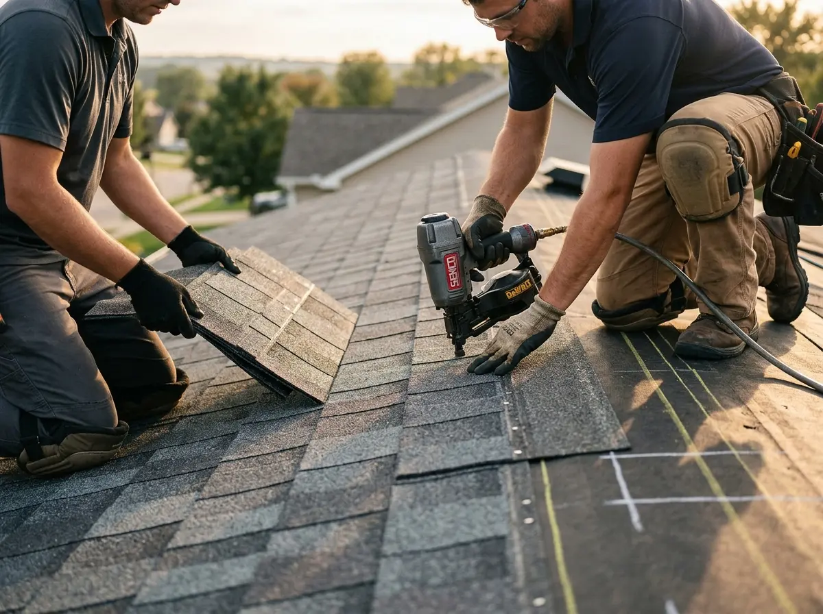 Professional roofer working on a residential roof in Jackson